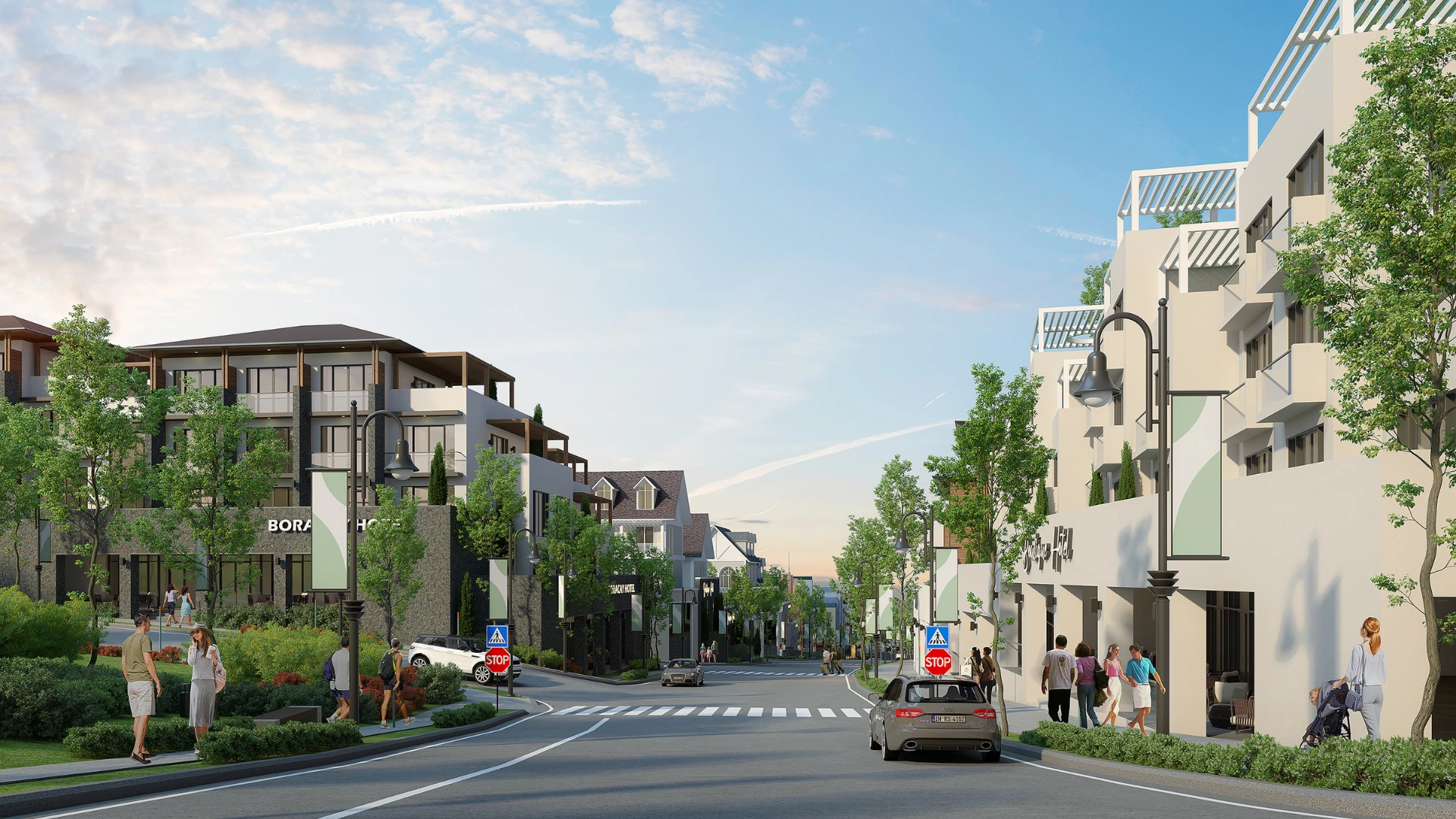 Illustration of a landscaped hospitality district at Boracay Newcoast