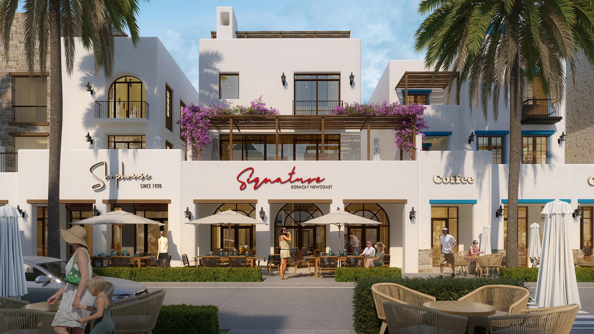 Illustration of shop-house storefronts and outdoor dining